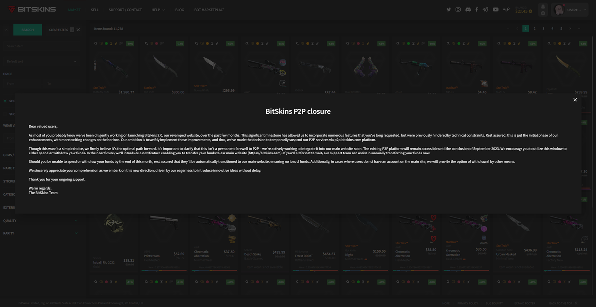 P2P.BitSkins closure